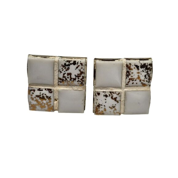 Vintage Gold Tone White Enamel Cufflinks With Square Mosaic Design - Picture 1 of 5